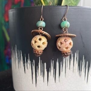 2/$29 Handmade Soapstone Marbled Jasper Upcycled Button Earrings 1.75”